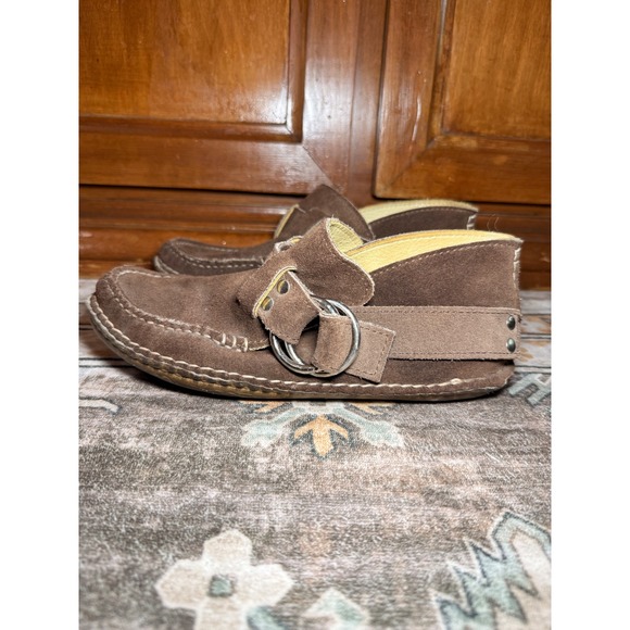 Quoddy Shoes - Quoddy Handcrafted Brown Suede Ring Buckle Moccasins Boho Whipstitch Loafers 7.5